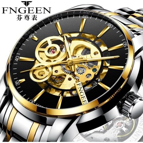 FNGEEN Business Watch Men Mechanical Wristwatch Fully Automatic Skeleton Perspective Window Steel Waterproof Luminous Mens Watch
