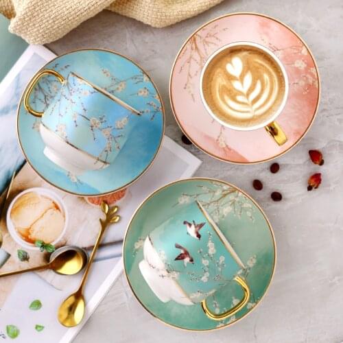 New Chinese Light Luxury Rural Style Ceramic Coffee Cup Set Home Flower Tea Cups With Spoon Birthday Couple Gift