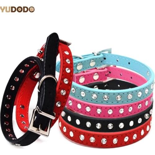 Bling 1 Row Rhinestone Small Dog Collars Suede PU Leather Adjustable Diamante Crystal Puppy Kitten Necklace For Chihuahua Teddy