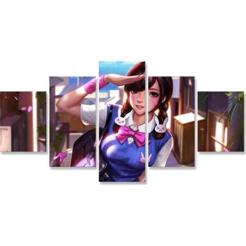 Overwatchs D.Va Wall Art Painting 5 Panels Canvas Art Print Poster Print Modular Picture for Livingroom