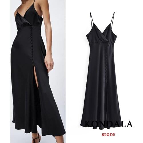 KONDALA Za Sexy Chic Black Party Dress Women V Neck Button Front Split Stain Cami Dress Elegant Midi Mujer Vestidos