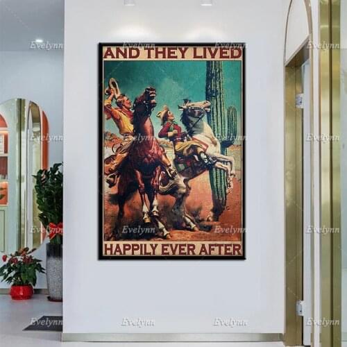Cowboy And Cowgirl Retro Poster Rodeo Couple Poster And They Lived Happily Ever After Wall Art Prints Home Decor Canvas Gift