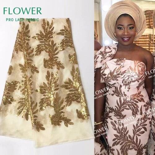 Gold Sequined Mesh Net Lace Fabric Nigeria African Women Wedding Party Dresses Laces India Sequins Tulle 5 Yrads Free Shipping