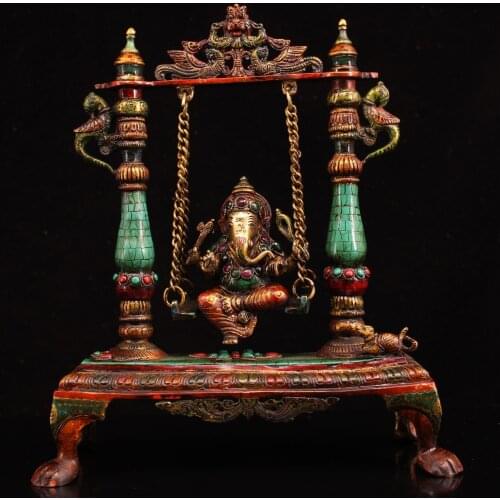 13"Tibet temple Old Bronze outline in gold Painted mosaic Gem Elephant Trunk God of Wealth Bells Sit on the swing Phoenix statue