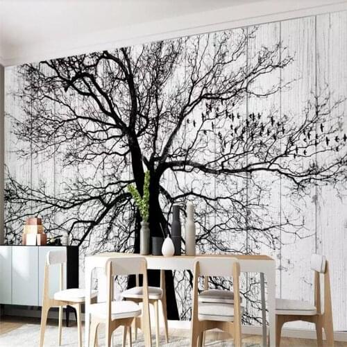Wellyu Modern minimalist black and white tree living room TV background wall custom large mural green wallpaper