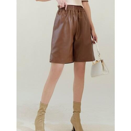 Genuine Leather Pants Women Knee Length High waist 2021 Korean Fashion Casual Elastic Streetwear Trousers Female Plus Size