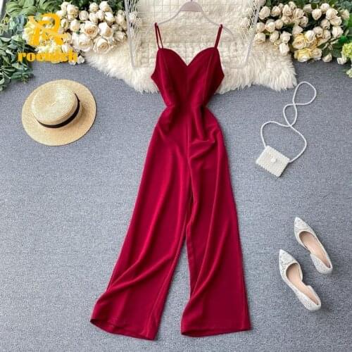 ROENICK Women V-Neck Sling Jumpsuits Female Summer Sexy Slim High Waist Straight Wide Leg Pants Rompers Burgundy Draping Overall