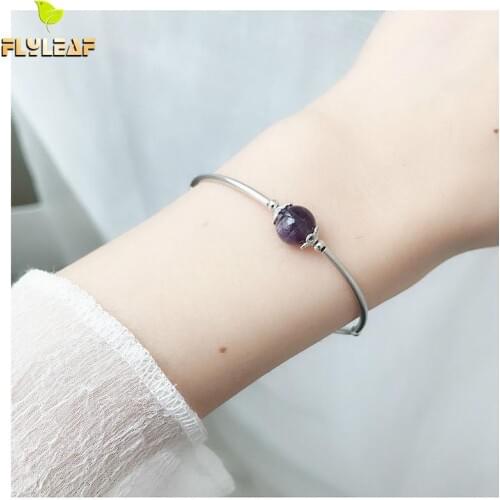 Flyleaf 100% Nature Stone Amethyst Crystal Bracelets & Bangles Real 925 Sterling Silver Bracelets For Women Fashion Fine Jewelry