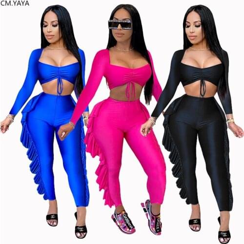 CM.YAYA Sexy Party Women Set Two Pieces Set Tracksuit Long SLeeve Crop Tops Ruffles Splicing Sweatpant Suit Outfit Matching Set