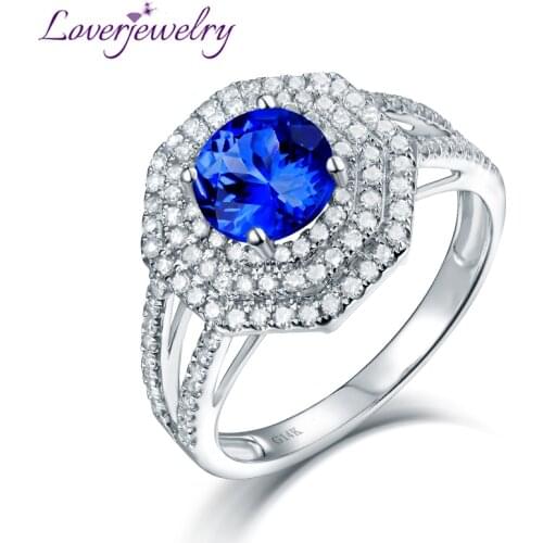 LOVERJEWELRY Women Vintage Rings Round 7mm 14kt White Gold Natural Diamond Blue Tanzanite Ring For Wife Anniversary Gift Jewelry