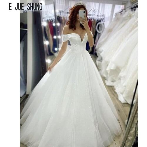 E JUE SHUNG Sequined Wedding Dresses Off the Shoulder lace up Back Puffy Bridal Gowns Robe De Mariee Wedding Gowns