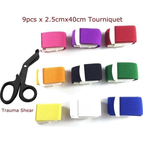 9pcs ABS 2.5cmx40cm Tourniquet Elastic First Aid Quick Release Medical Sport Emergency Buckle Band with Trauma Shear