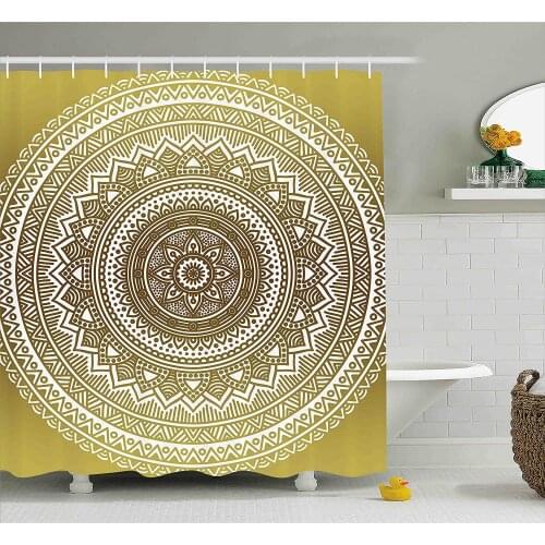Gold Shower Curtain Ombre Mandala Flower Pattern Golden Queen Inspired Ethnic Prints Hippie Wall Decoration Hanging Curtains