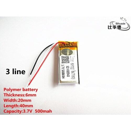5pcs/lot 3 line Good Qulity 3.7V,500mAH,602040 Polymer lithium ion / Li-ion battery for TOY,POWER BANK,GPS,mp3,mp4