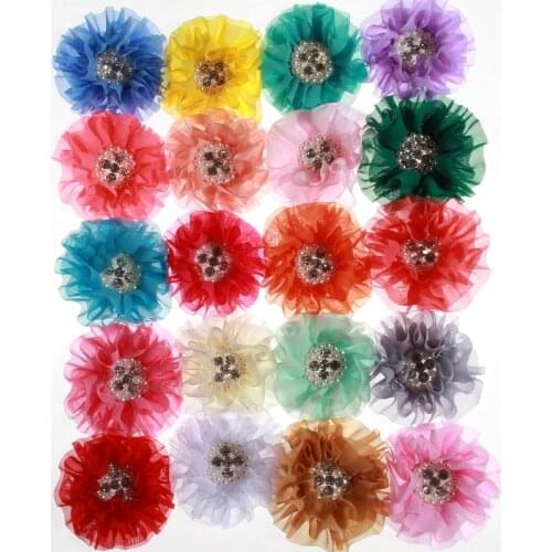 50PCS 10CM 3.9inch Vintage Big Chiffon Flowers With Pearl Rhinestone For Headbands Fabric Flowers For Hair Clips Embellishment