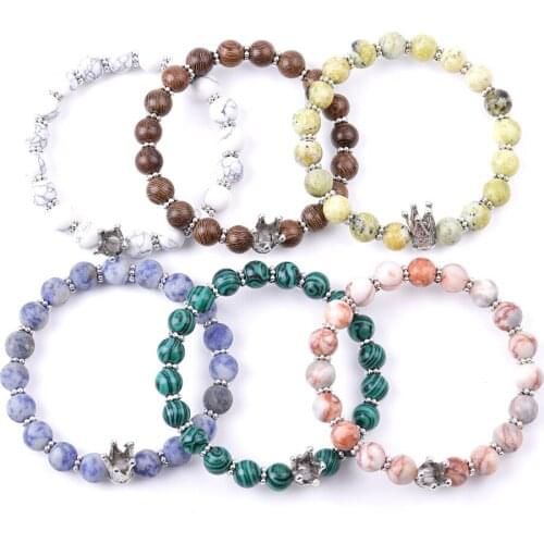 8mm Lava Stone Malachite Wood Beads Novelty Crown King Queen Beaded Charm Bracelets Cool Fashion Jewelry for Boy Girl