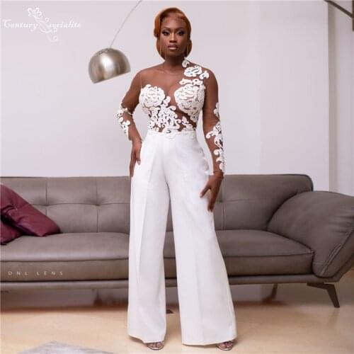 African Wedding Dresses 2021 Bridal Jumpsuits Long Sleeve Lace Applique Illusion Bodice Bride Reception Jumpsuit Women Pant Suit