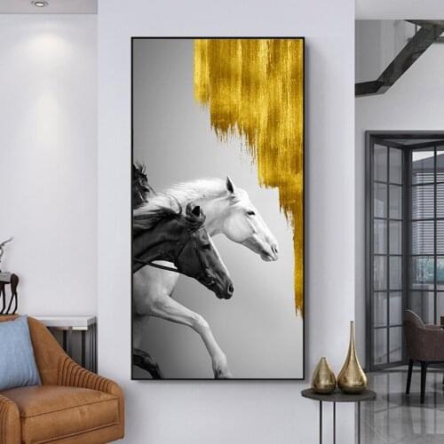 The Running Black White Horses Golden Poster Print Canvas Painting Art Animal Wall Art Pictures For Living Room Home Decor