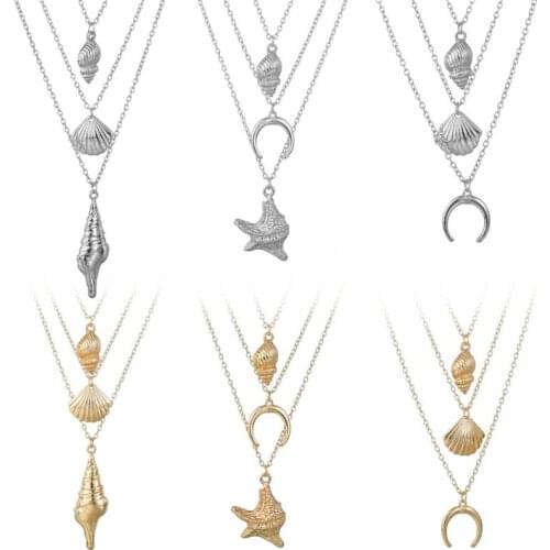 Bohemia Multi Layered Seashell Pendant Necklace Gold Color Pendants Link Chains Fashion Necklace Beach Jewelry
