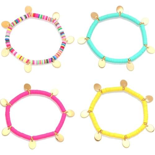 Boho 4mm Colorful Polymer Clay Discs Beads Stretch Bracelet Women Metal Hang Tag Fashion Summer Surf Beach Chic Jewelry Gift