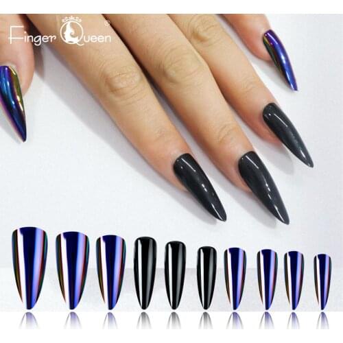 Black Fusion Chrome Stiletto 20pcs full cover fake nails Press on False nail Tips, 10 sizes Full Coverage reusable nail tips