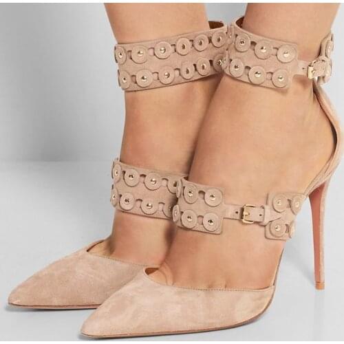 Woman sexy pumps elegant ivory stiletto heels graceful circle hole cut outs studed design ankle buckles pointed toe dress shoes