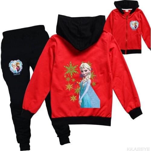 Disney Frozen Cartoon Print Childrens Zipper Long Sleeves And Pantsuit Spring Autumn Sports Suit Tracksuit