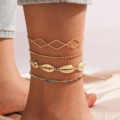 Docona 4pcs/set Luxury Colorful Crystal Shell for Women Anklets Bohemian Geometry Hollow Square Metal Foot Chains Jewelry 17535