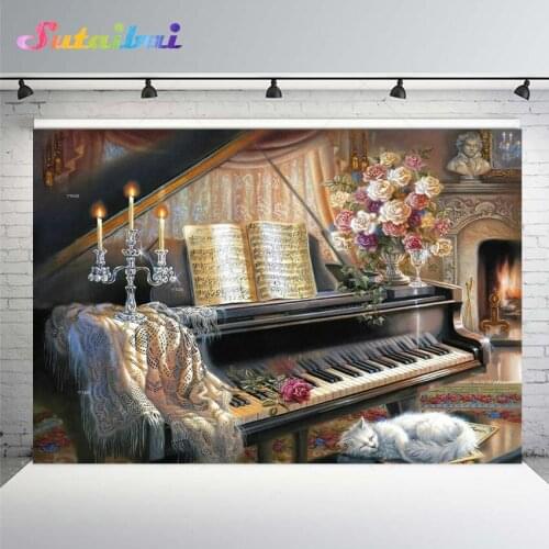 Living Room Retro Piano Fireplace Cat Fireplace Flower Photo Backdrop Oil Painting High Quality Computer Print Party Backgrounds