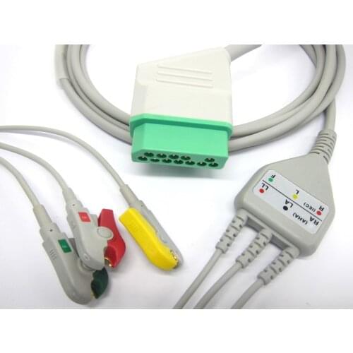 Ecg cable with 3leads Clip and 12pin square connector for Nihon kohden BSM-5100 paitent monitor