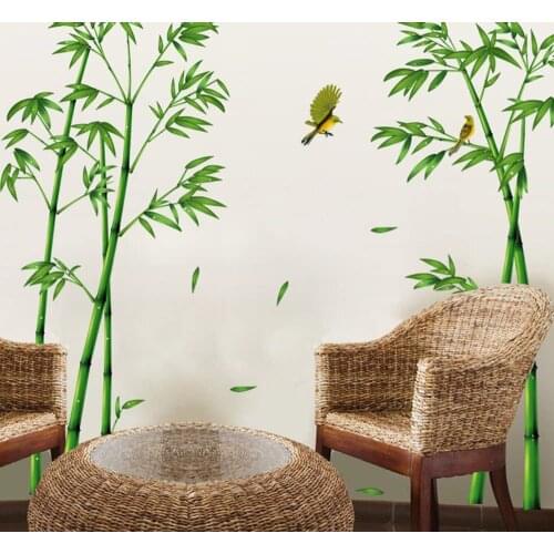 Chinese Green Bamboo Bird Style Wall Stickers Home Living Room Bedroom Decor Bamboo Wallpaper Self Adhesive Decals Door Sticker