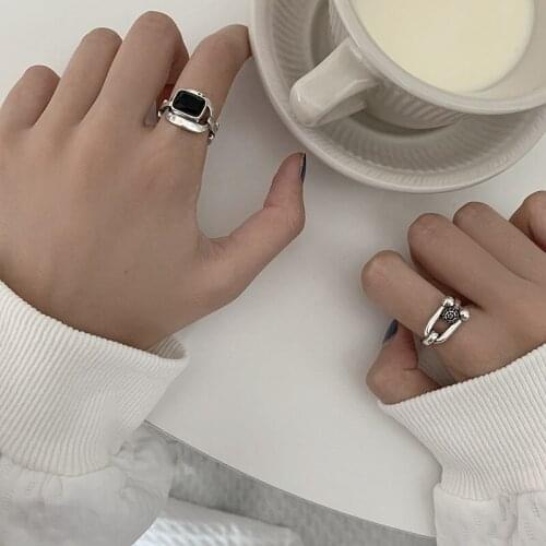 Vintage Fashion Blogger Style Silver Color Rings Retro Black Stone Finger Jewelry for Women Girlfriend Student Accessories Gifts