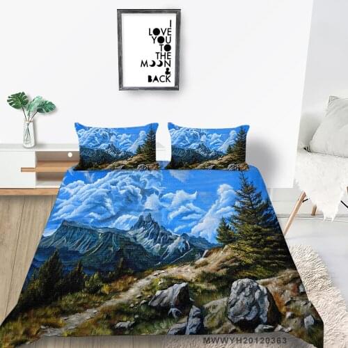 Blue Sky Bedding Set Nature Artistic Oil Painting Duvet Cover Moutains Twin Full King Single Double Pine Bed Set Queen Size