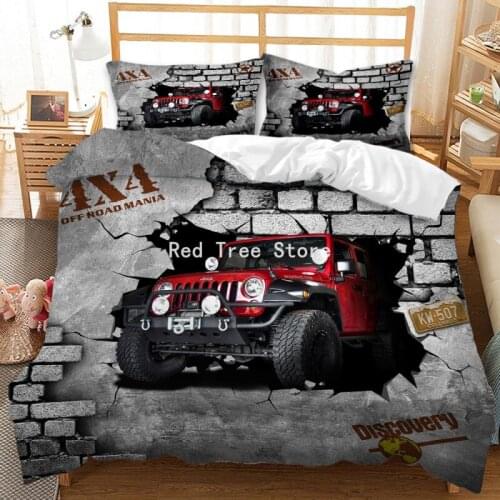 Retro Vintage Car Printed Bedding Set Grey Red Jeep Duvet Cover Bed Quilts Kids Boys Queen King Size Bedroom Decor Home Textiles