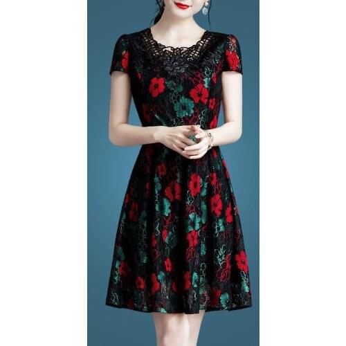 M-4XL Elegant Lace Summer Floral Print Color New Embroidered Chiffon Female Slim Women Vestido Cocktail Dresses 9560