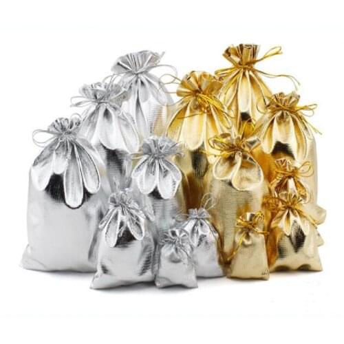 10Pcs 5x7 7x9 9x12 10x15cm Golden /silver color Drawstring Organza bag Jewelry Organizer Pouch Jewelry Packaging Display Pouches