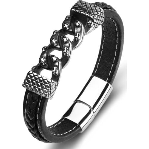 Fashion Multicolor Leather Bracelet Men Rock Hiphop Jewelry Stainless Steel Party Bangles Male Wristband Best Friend Gift P116