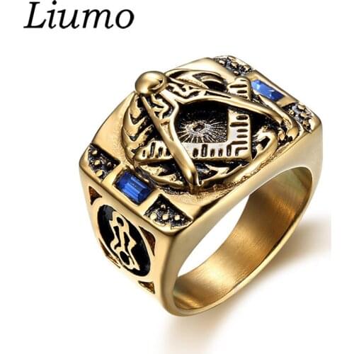 Liumo Vintage Masonic Gold Color 316L Stainless Steel Men Ring Freemason with Blue Crystal Male Rings Lr223