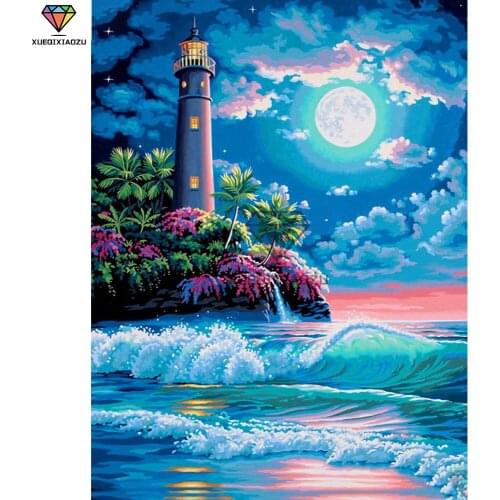 XUEQIXIAOZU Full Round Lighthouse scenery Diamond embroidery Diamond drawing 5D DIY Diamond setting Mosaic painting gift