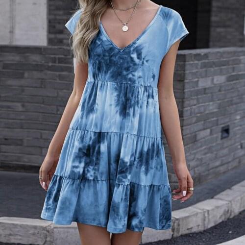 New Women Dress Printed 2021 Summer Fashion Tie Dye V Neck Tunic Sundress Beach Party Sun Mini Slim Dresses Female Robe