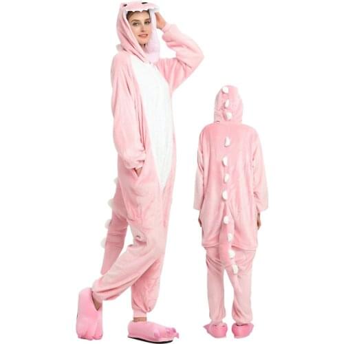 Dinosaur Onesies Pajamas Adults Women Men Animal Kigurumi Cosplay Costume Outfit Halloween Party Suit Onesieshow Flannel Pink
