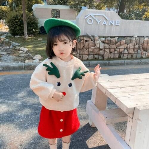 Toddler Girl Christmas Outfits 2019 Winter Long Sleeve Cartoon Deer Pullover Sweatshirt Fur Coat+Single-breasted Skirt Girls Set