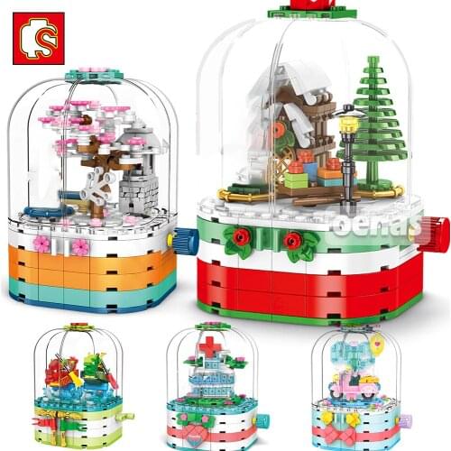 SEMBO City Father Christmas Santa Claus Cherry Sakura Rotating Box Building Blocks Flash Bricks Kid Educational DIY Toys Gift