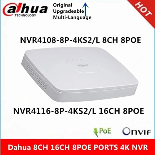 Dahua 4K NVR NVR4108-8P-4KS2/L 8CH with 8 POE NVR4116-8P-4KS2/L 16ch with 8PoE ports Lite Network Video Recorder
