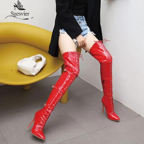 Sgesvier 2020 Sexy New pattern Women Over the knee boots female winter Knight boots Pointed zipper Pu Thin Heels 12CM Big Size