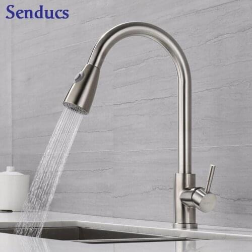 Stainless Steel Kitchen Faucet Senducs Quality Brushed Kitchen Mixer Tap Pull Out Brass Kitchen Sink Faucet Large Washing Faucet