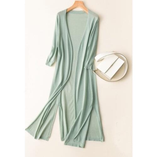 JESSIC Women Midi Long Cardigan Summer Autumn Thin Silk Knitted Cardigans Female Casual Loose Sweater Coat Jacket Plus Size 2XL