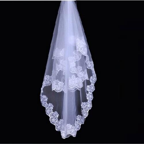 Tanpell Cheap Wedding Veils Fingertip Wedding Bridal Veils with Lace Flowery Edge
