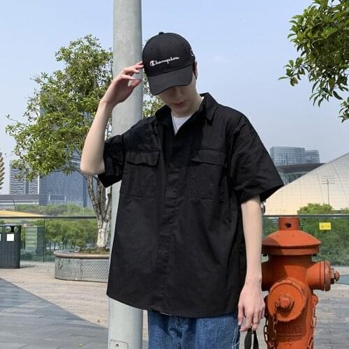 Summer 2021 Thin Simple Casual Shirt Male Handsome All-match Solid Color Short-sleeved Tide Brand Loose Overalls Harajuku Shirt