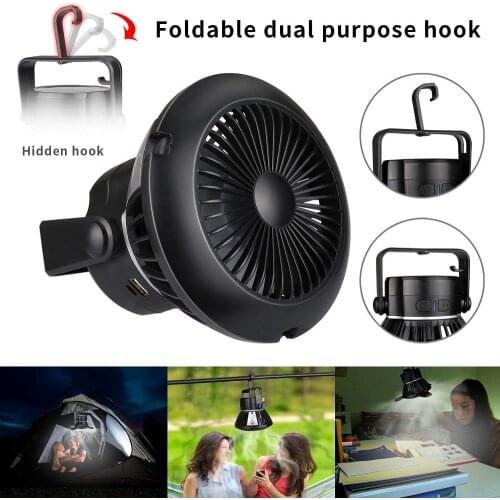 Solar Fan Lamp USB Emergency Tent Lamp Solar Camping Fan with LED Lantern Portable Tent fan with Hanging Hook Rechargeable Fan